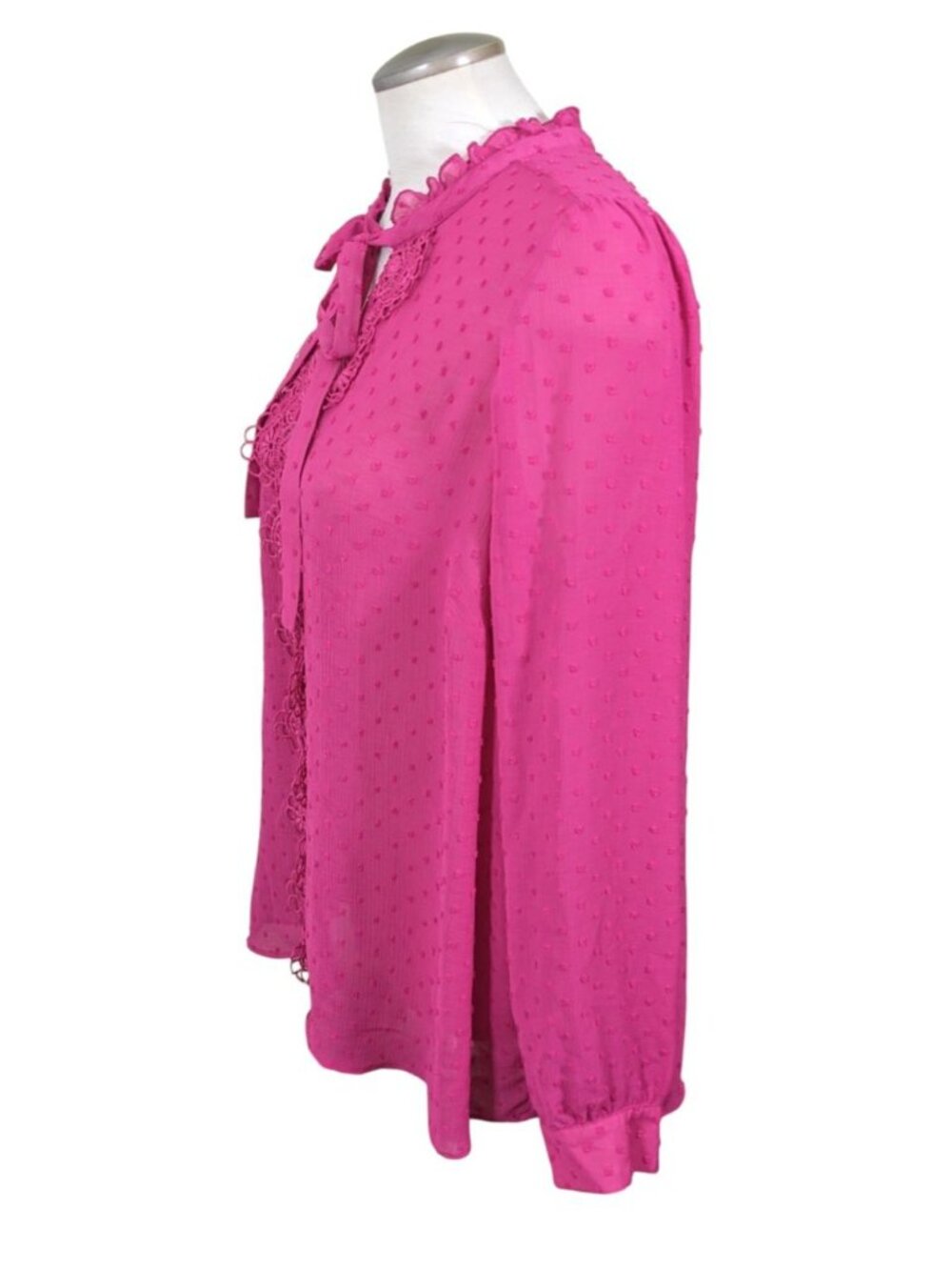 Torrid 1 Chiffon Swiss Dot Blouse Ruffle Neck Tie Front Top Pink 1X Crochet Lace - Picture 6 of 9